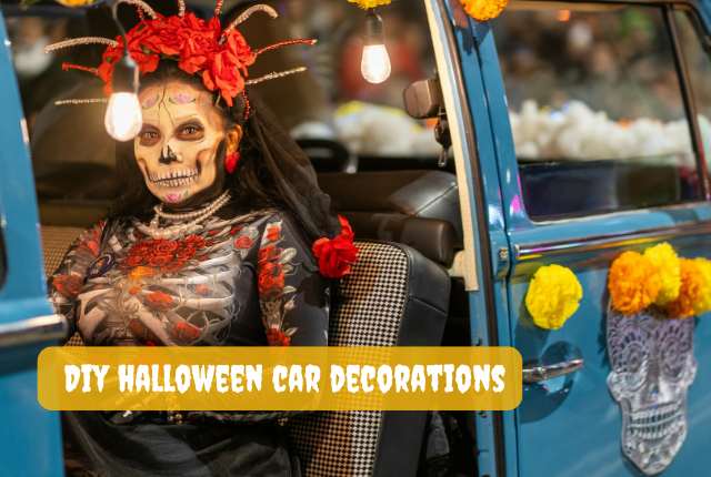 Women dressed in Day of the Dead Cosumte with skull makeup while sitting in a car featurng the title ' DIY Halloween Car Decorations'