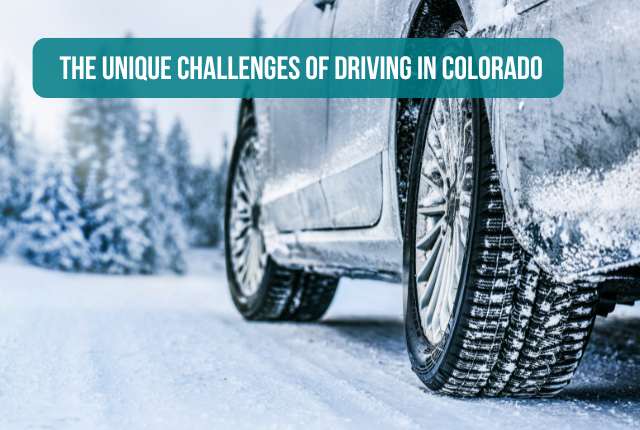 Lower side view of a car focused on the tires on a winter road featuring the title, ' The Unique Challenges of Driving in Colorado'