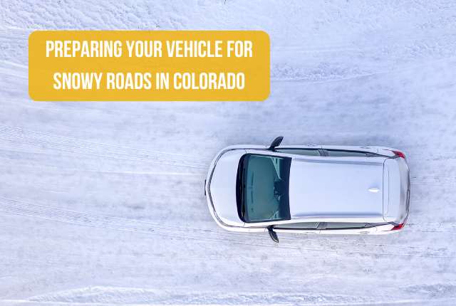 The top view of a car driving on an all white road featuring the title, ' Preparing Your Vehicle for Snowy Roads in Colorado