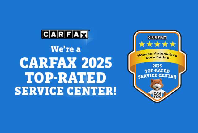 Blue Carfax poster featurng 'We're a Carfax 2025 top-rated service center!' and the Carfax logo